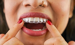 Closeup of patient putting on clear aligner